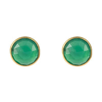 Medium circle gemstone earrings with green stone and gold-tone bezel, stud style
