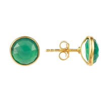 Gold-tone hoop-back stud earrings with green circular gemstone face