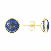 Gold lapis lazuli round stud earrings with blue gemstone and post back