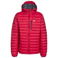 Men's red hooded down jacket with horizontal quilting, full zip and chest pocket