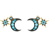 Moon and starburst mini stud earrings with turquoise stones and gold-tone accents