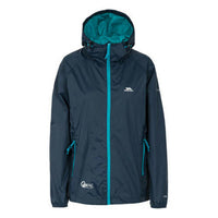 Navy women's waterproof jacket with teal lining, front zip and adjustable hood