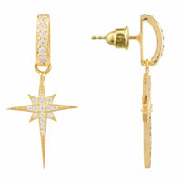 Gold star drop earrings showing clasp and post backing with crystal star