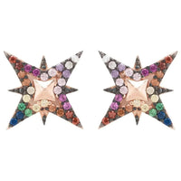 Rose gold star stud earrings with rainbow mosaic and clear crystal accents