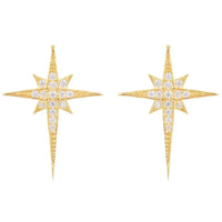 Gold star stud earrings with crystal accents and a dangling vertical bar
