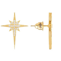 Gold star stud earring with crystal star face and vertical drop bar, showing post