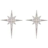 Silver star stud earrings with sparkling pave and long drop silhouette