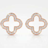 Open clover earrings in gold with clear pave stones, pair