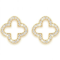 Gold open clover earrings with pavé clear stones