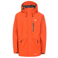 Orange men's waterproof jacket with adjustable hood, chest zip pocket and two lower pockets.