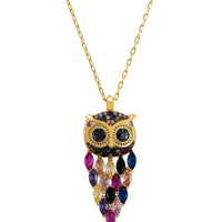 Gold owl pendant necklace with blue and purple rhinestone details