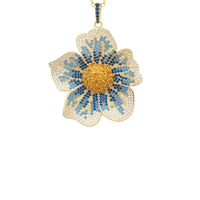 Gold chain necklace with blue enamel flower pendant and round blue center