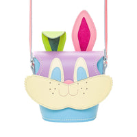 Pastel leather mini bag with rabbit-ear front and multicolor patchwork pockets