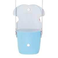 Light blue leather mini bag with arched top, snap button, and side handles