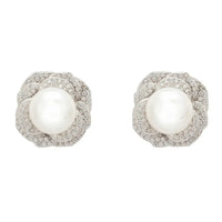 Pearl And Rose Petals Stud Earrings Silver-0