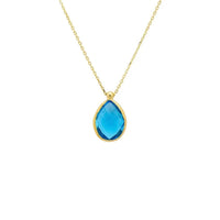 Gold drop necklace with blue topaz teardrop pendant on thin chain