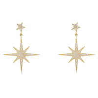 Gold starburst drop earrings with small top stud and dangling star charm