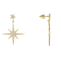 Gold starburst drop earrings with ear-back post and dangling star charm