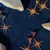 Gold starburst drop earrings with dangling star charms laid on fabric