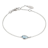 Silver bracelet with teardrop blue gemstone and chain links, adjustable clasp