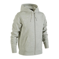 Light grey zip-up hoodie with hood, drawstring, and front pockets