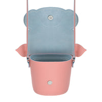 Handmade leather pig-shaped bag, pink with blue interior lining and snap button
