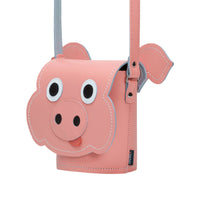 Handmade leather pig-shaped bag, pink with adjustable strap and face detail