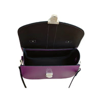 Purple leather bag interior with open flap, metal clasp, and side pockets