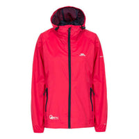 Raspberry women's waterproof jacket with dark lining, front zip and adjustable hood
