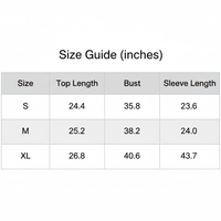 Size guide table with top length, bust, and sleeve length measurements in inches