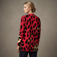 Red Leopard Print Open-Front Cardigan with Pockets