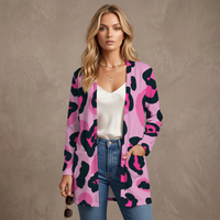 Pink Leopard Print Open-Front Cardigan with Pockets