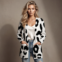 White Leopard Print Open-Front Cardigan with Pockets