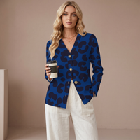 Blue Leopard Print Buttoned Cardigan