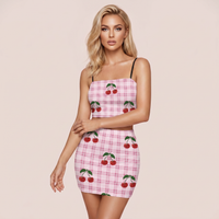 Pink and White Gingham with Cherries Co Ord Set - Women's Crop Tank Top & Mini Skirt Two-Piece