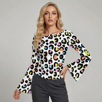 Women's Multi Color Leopard Print Boat Neck Flare Sleeve Top