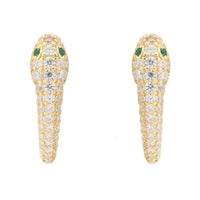 Gold snake huggie hoop earrings with green center stones and white crystal rows