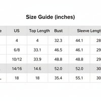 Size guide chart showing measurements for women's snap-down quilted winter coat