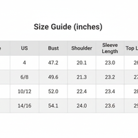 Size guide table in inches with bust, shoulder, sleeve length, and top length