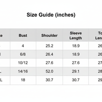 Size guide table showing bust, shoulder, sleeve length, and top length (inches)
