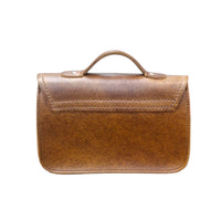 Tan leather micro satchel back with top handle and stitched horizontal panel