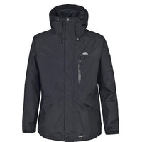 Black men's waterproof hooded jacket with a chest zip pocket and two lower pockets.