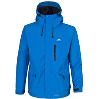 Blue men's waterproof hooded jacket with a chest zip pocket and two lower pockets.