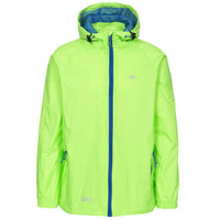 Men's bright lime waterproof jacket with blue zipper and hood lining