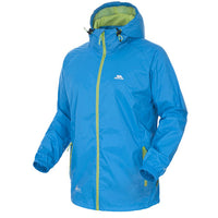 Men's blue waterproof packaway jacket with lime zipper and hood lining