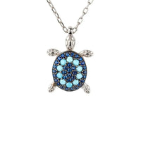 Silver turtle pendant necklace with turquoise blue enamel shell on chain