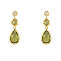 Gold-tone peridot drop earrings with round and teardrop green gemstones