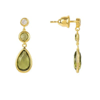 Gold-tone peridot drop earrings, round stones above teardrop green gemstones