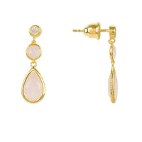 Gold-tone drop earrings with round stud and hanging pink teardrop gemstone