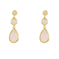 Gold-tone drop earrings with pink teardrop gemstones and round top stones